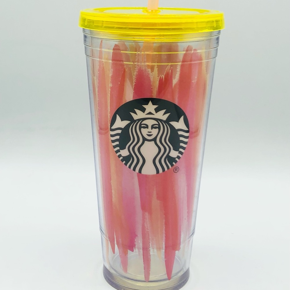Starbucks Pink Paint Stripe Cold Cup Tumbler 20 oz Double Wall 2016 Venti Yellow